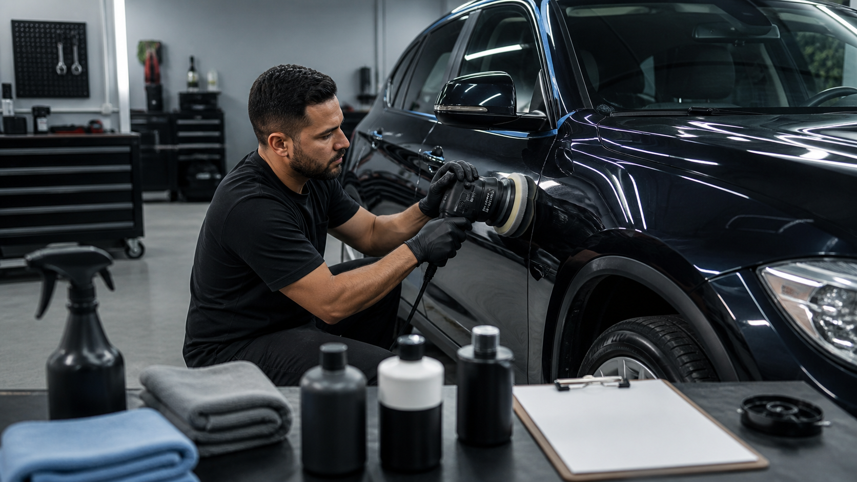 Profissional de estética automotiva polindo carro dentro de oficina limpa e organizada