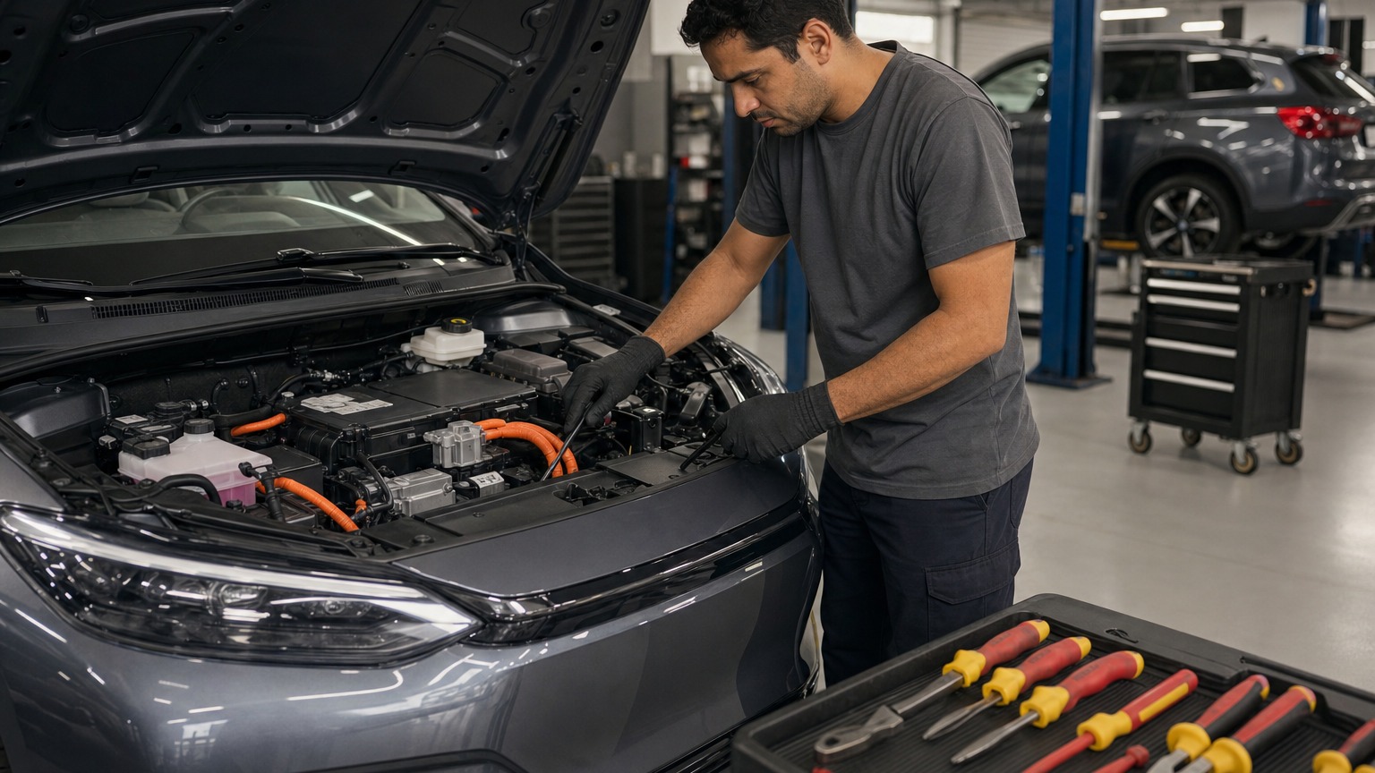 Mecânico usando luvas de segurança inspecionando carro híbrido ou elétrico dentro de oficina organizada